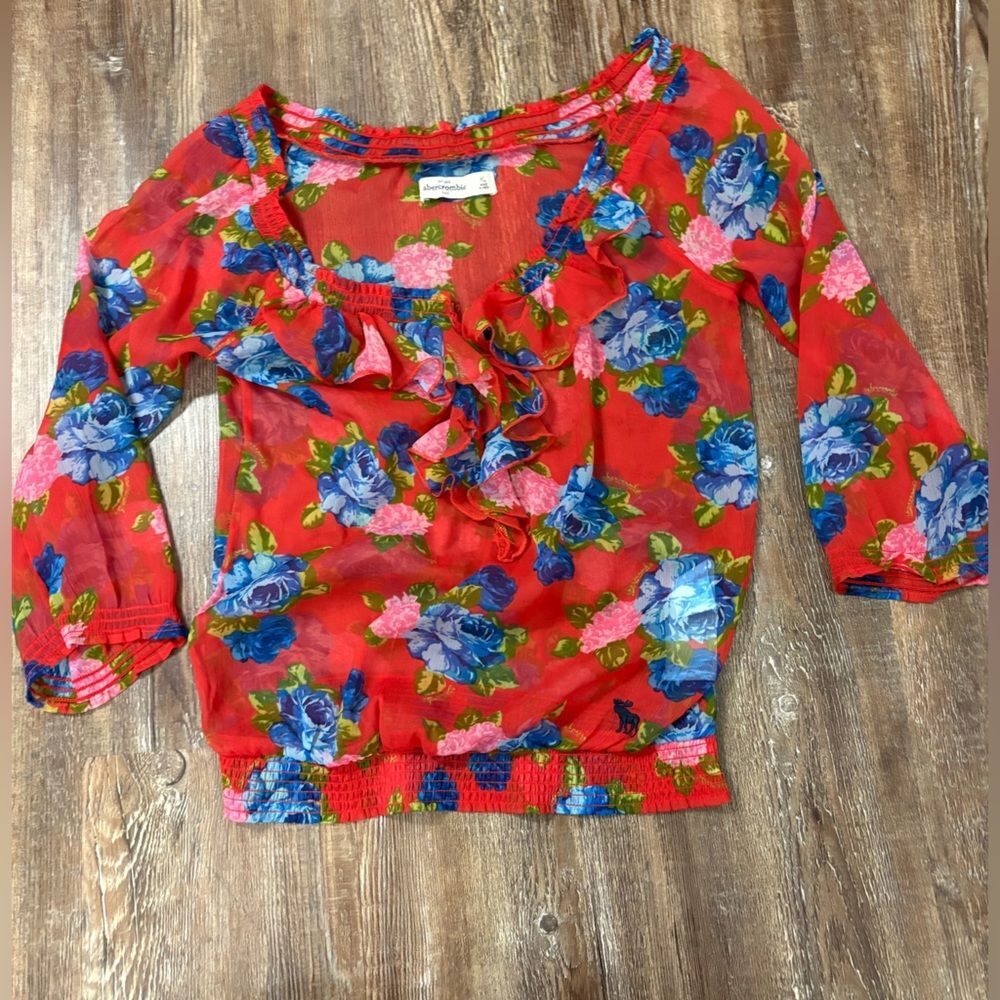 Abercrombie Kids Y2K Red Floral Sheer Stretch Ruffle Top XL Preppy Cute Vintage - Picture 2 of 9